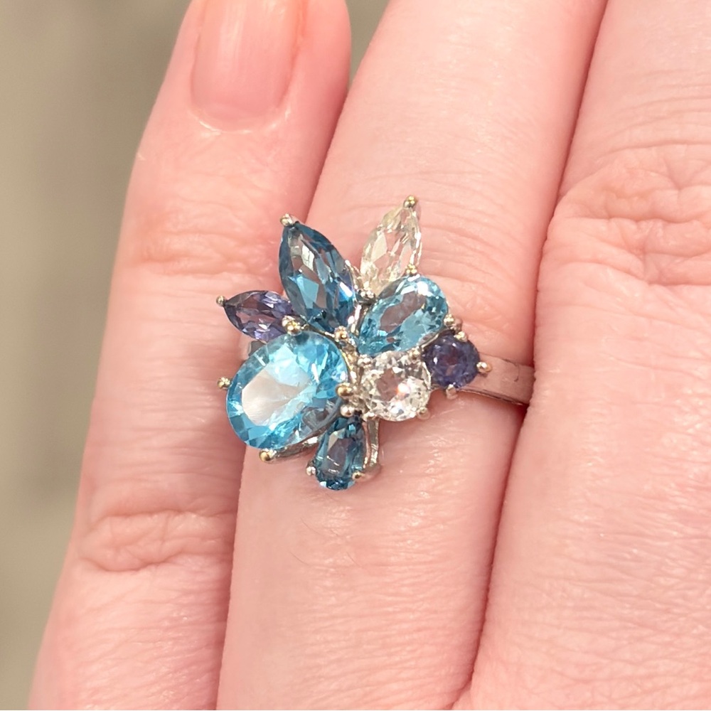 Vintage 10K Blue Topaz Cluster Ring White Gold Abstract Oval Marquis Iolite 6.25 - Picture 8 of 16